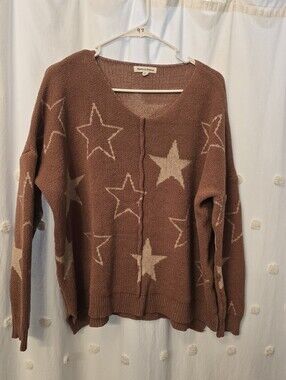 Newbury Kustom Star Pattern V-Neck Sweater Cardigan - Mauve and Cream Size 2x